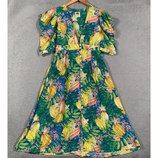 Farm Rio Star Fruits Midi Dress Women's Medium M Multi Puff Sleeve Button Front