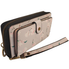 Zip Around Wristlet Wallet. Faux Leather, Pink Floral Print, Detachable Strap