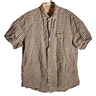 Tommy Bahama shirt mens M Medium blue check plaid short sleeve 100% linen button