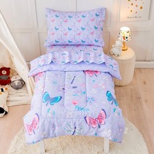 Butterfly Toddler Bedding Set for Girls, 4 Piece Bed-in-a-Bag Toddler Comfort...