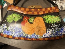 Borsa a mano vintage unica nel suo genere dipinta a mano, gallo arte popolare