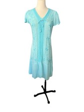 Embroidered Blue Flare Tunic Dress Medium Sheer Cover Up Beach Resort Vacation