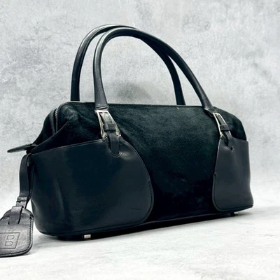 Mini sac Boston en cuir daim Bally noir poignée supérieure année 2000 Italie ... - Photo 1/4