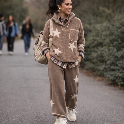 Bibi & Umgee bundle, Brown Fleece Star Pattern with Olive Wide-Leg Pants SM/MD 
