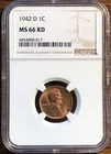 1942 D Lincoln Wheat Cent - NGC - MS 66 RED