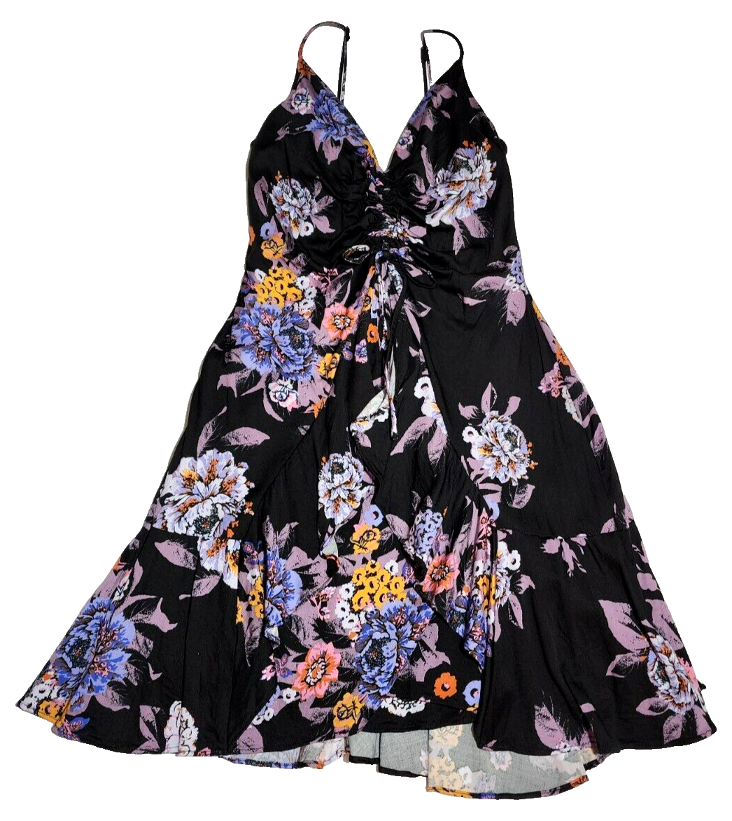 FREE PEOPLE Happy Heart Cinched Mini Dress Black Floral Multi Size XSmall |  eBay