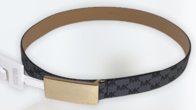 Michael Kors Belt MK Logo Signature Square Gold Buckle Grey 