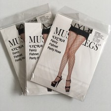 3 pr Music Legs Fashion Fishnet Pantyhose Black Nylon Lycra Fish Net One Size
