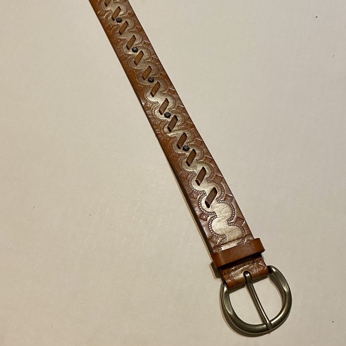 Fossil Tan Brown Leather Studded Belt with Antiqued Gold Buckle Vintage FOSSIL Leather Belt Studded Patterned Brown Leather  main image 2