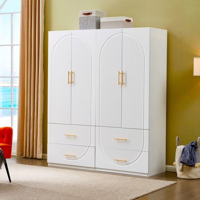 Wood Wardrobe Armoire Closet 4 Door White w/ 4 Drawers, Shelves & Hanging Rod