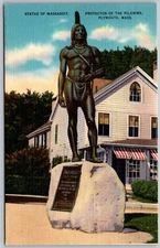 Plymouth Massachusetts 1940s Postcard Statue Of Massasoit Protector Of Pilgrims