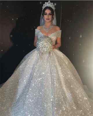 Off The Shoulder Wedding Dresses Ruched Sweetheart  Glitter Tulle Bridal Gowns
