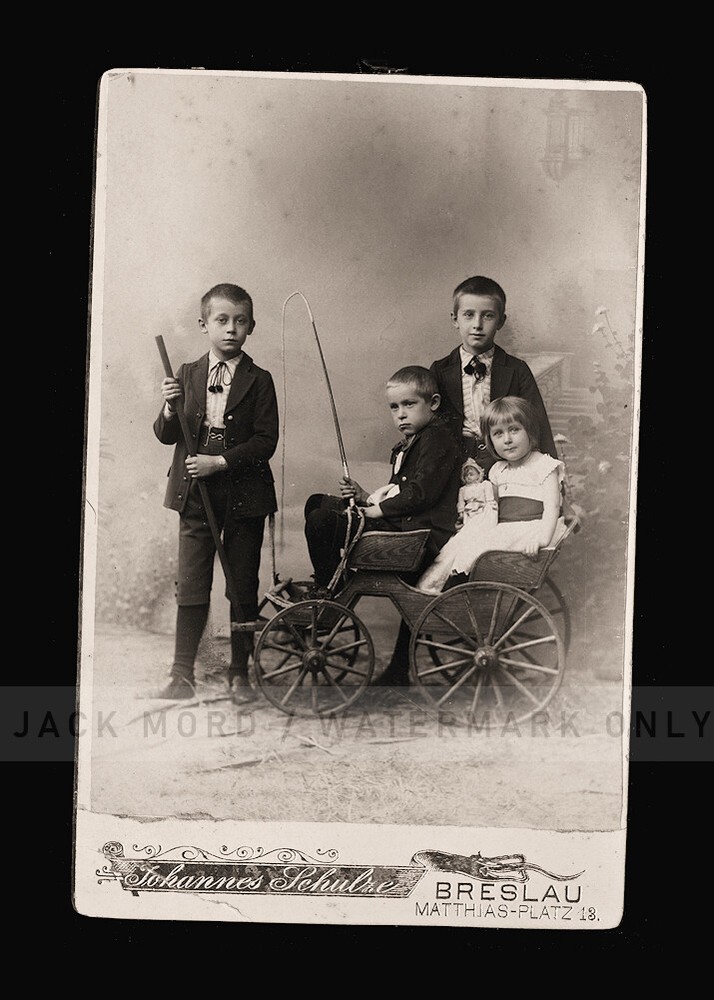antique photo children siblings & great toys miniature riding wagon / buggy doll