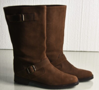 NEW Manolo Blahnik Nubuck Moto Boots Flat Shoes Brown Buckle 36.5