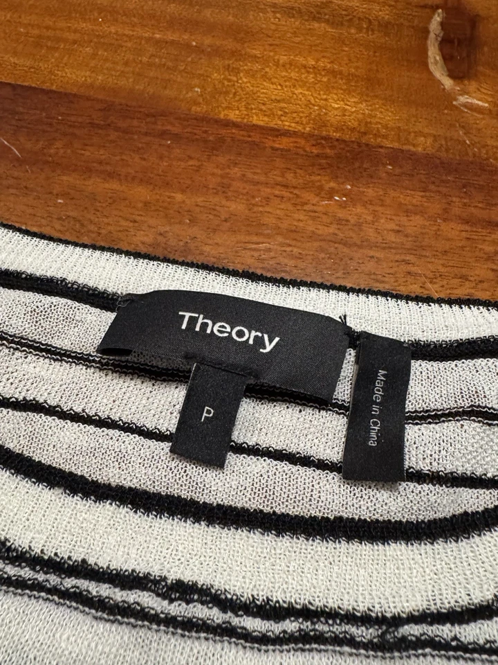 Theory Trinella 白色亚麻针织条纹方格合身长袖衬衫上衣 P 码 — 第 2/4 张图片