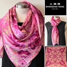 SHANGHAI TANG $495 Pink Mulberry "Bamboo" Silk Satin Scarf 110cmx110cm-Excellent