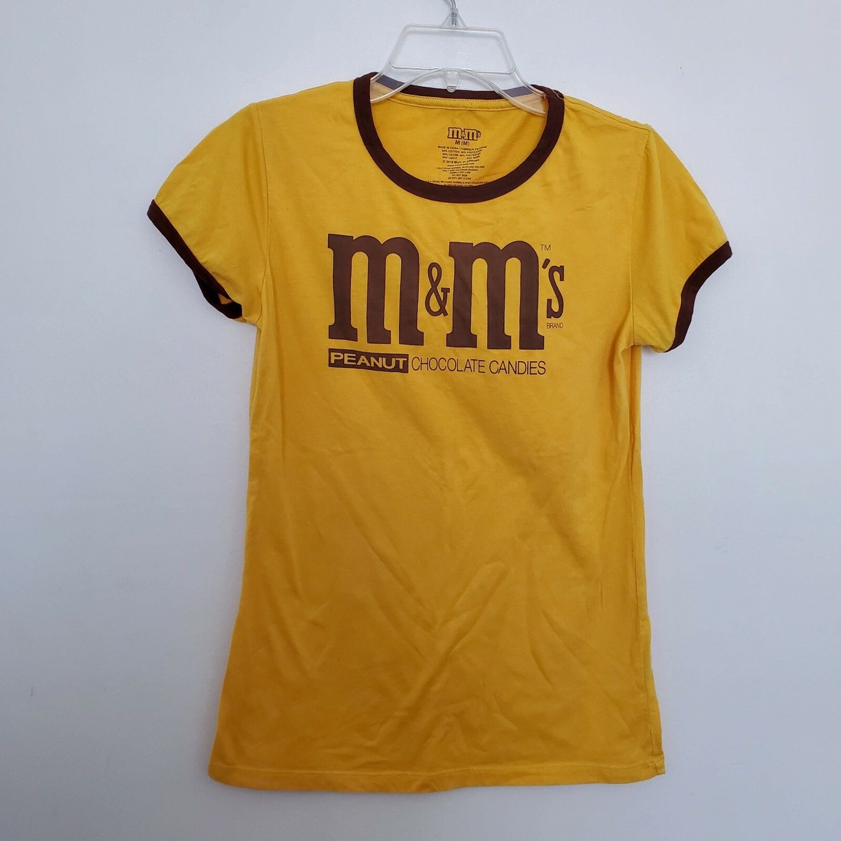 M&Ms World Peanuts Womens M Mustard Yellow Brown Ringer Graphic T 