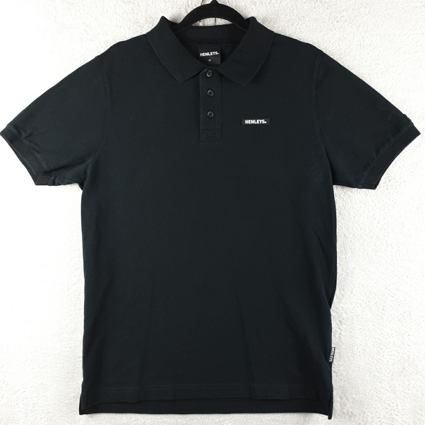 Men's Black Cotton Henley Polo Shirt Short Sleeve Medium Logo-image