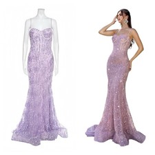 NWT Portia Scarlett PS25156 Purple Beaded Corset Mermaid Prom Dress 8 Gown