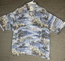 Original Island Sport Shirt Mens L Blue Palm Trees Islands Rayon Aloha Hawaiian