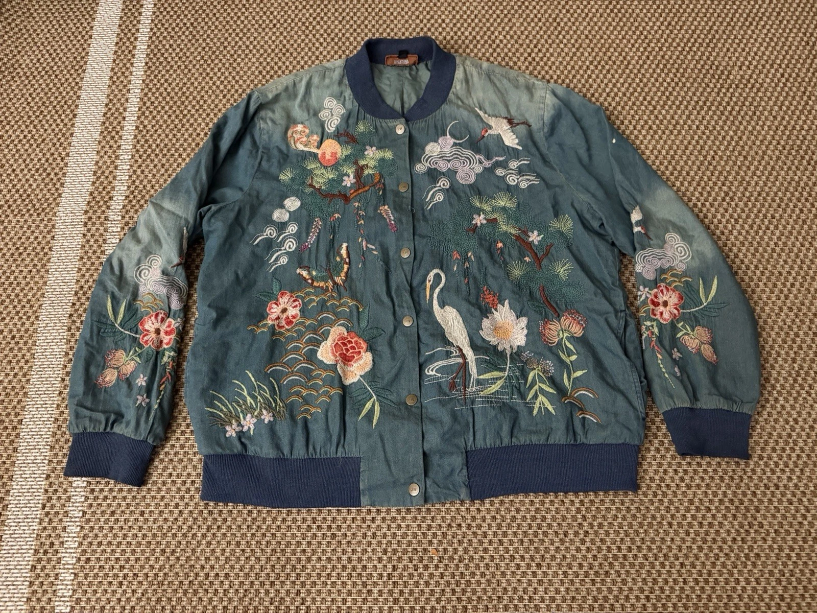 EUC Johnny Was Heron Bomber Jacket Heavily Embroidered Denim Butterfly Bird M L