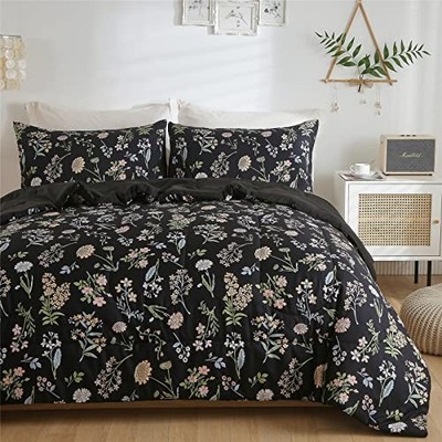 Floral Comforter Set Twin Size, Yellow Green Botanical Twin(2-Piece Set) Black