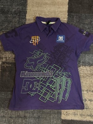 Monster Energy Fox Racing Kawasaki DC Shoes Purple Collar Shirt Men's Size L