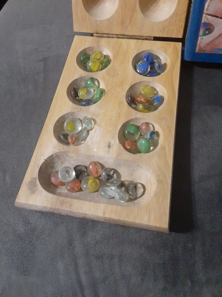 Preowned Cardinal Solid Wood Folding Mancala Game With Metal Tin Sleeve Case  - Image 2 of 4