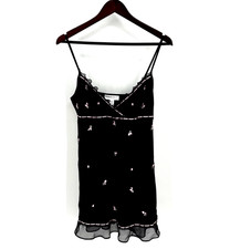Morgan Taylor Intimates Slip Dress Black Satin Embroidered Flowers Pink Ribbon M