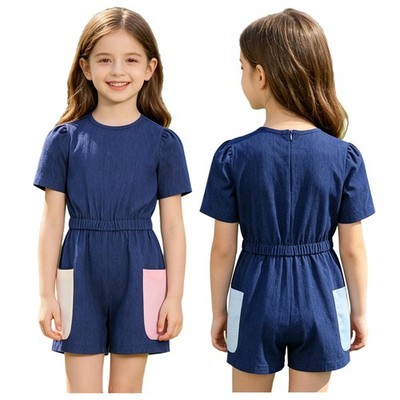 Kids Girls Playsuit Color Block Jumpsuit Birthdays Romper Pockets Short Sleeve
