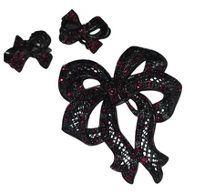 SWEET ROMANCE VINTAGE STYLE Black Red Rhinestone Bow Brooch Clip Earrings USA