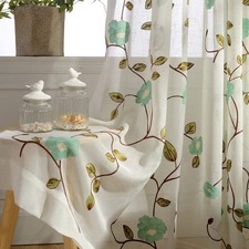 Sheer Curtains 96 Inches Long, Blue Floral Embroidered Semi Sheer Rod Pocket ...