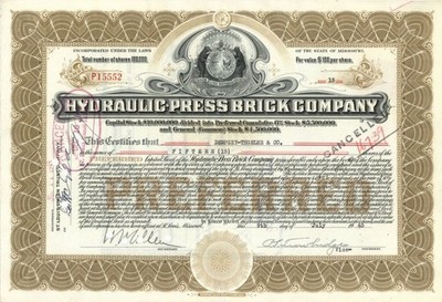 Hydraulic-Press Brick Co. - 1910-1950's dated Stock Certificate - General Stoc