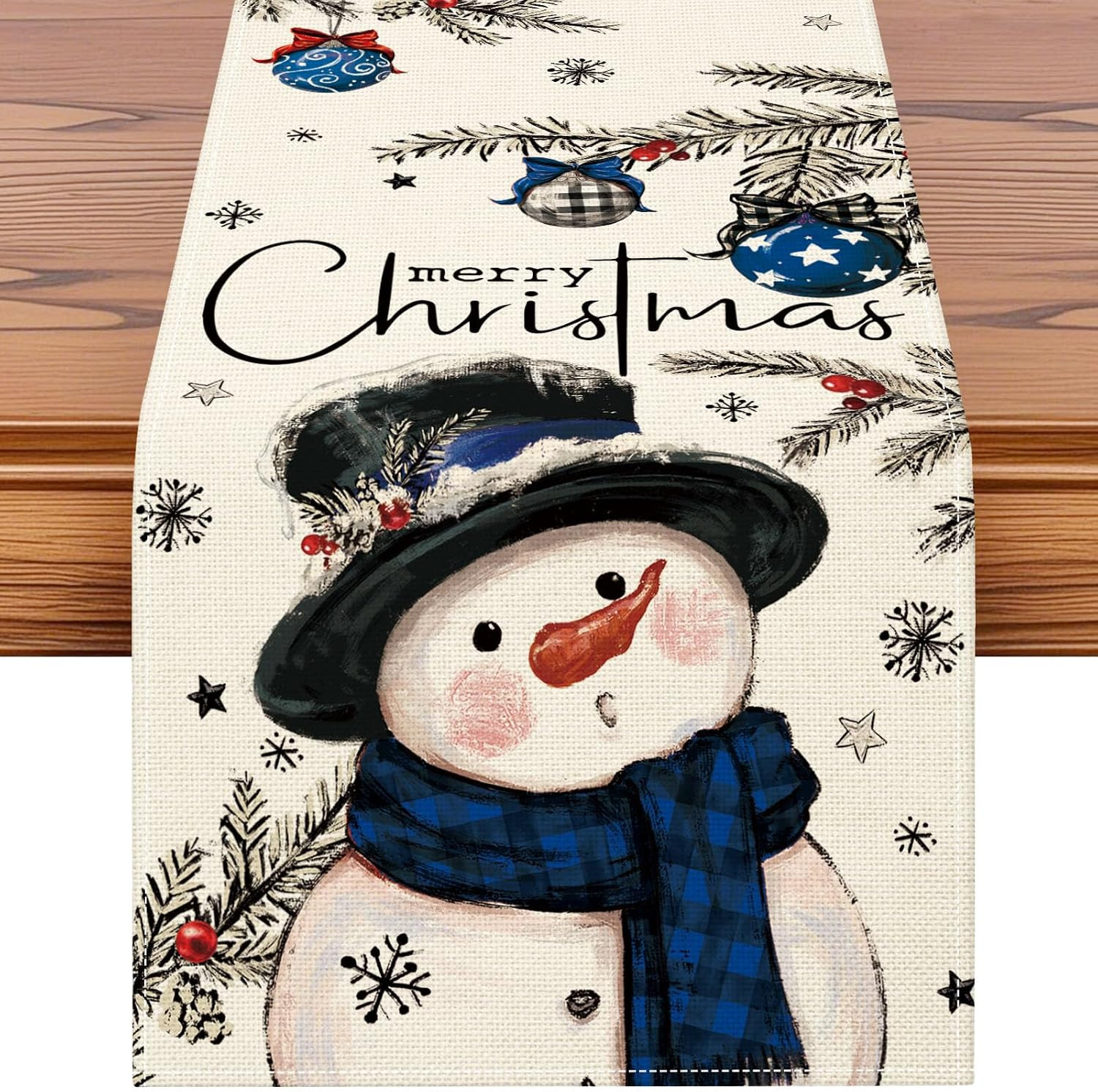 Christmas Table Runner 13X48 Inch, Dark Blue Snowman Pine Christmas Ball Winter