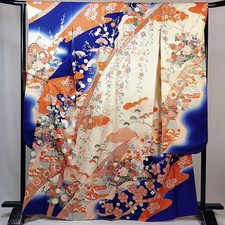 Vintage Japanese Silk Furisode Kimono Navy with Gold Silver Embroidery