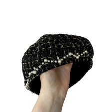 Vintage beaded beret black wool blend hat costume boho fair elegant paris