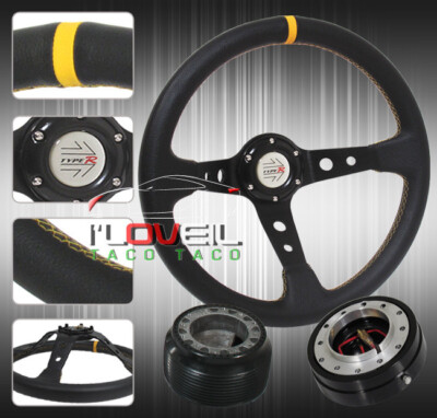 84-89 Accord Aluminum Blk/Yelo Steering Wheel + Adapter Hub + Thin Quick Release