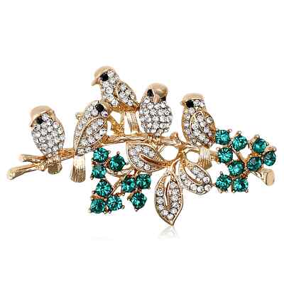 Sparkly Rhinestone Bird Brooch Animal Plants Gold Pin Spring Summer Jewelry Gift