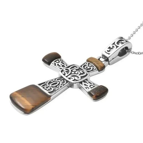South African Yellow Tiger's Eye Inlay Cross Womens Pendant Necklace 20 in - Picture 3 of 6