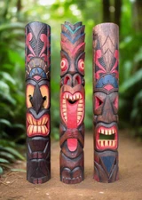 3 Set of Hand Carved Wooden Tiki Bar Totem Masks Tropical Patio Decor 39"x 6"