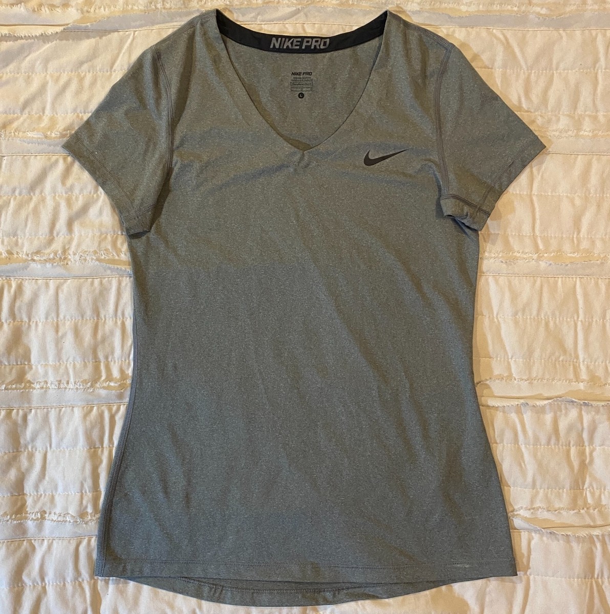 Nike Pro Shirt Womens Large Gray Vneck Short Sleeves Black Swoosh  Activewear Top