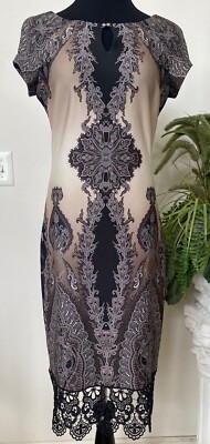 NWT ECI New York Ivory/Grey Lace Trim Sheath Dress Size M, $80