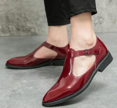 Mens Roman T Strap Sandals Shiny Leather Business Party Loafer Dress Oxford 2024