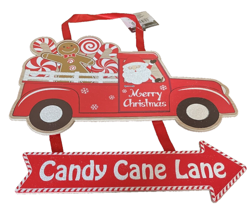 Candy Cane Lane Santa Red Truck merry Christmas Hanging Wall Sign-New-SHIP24HRS - Picture 1 of 5