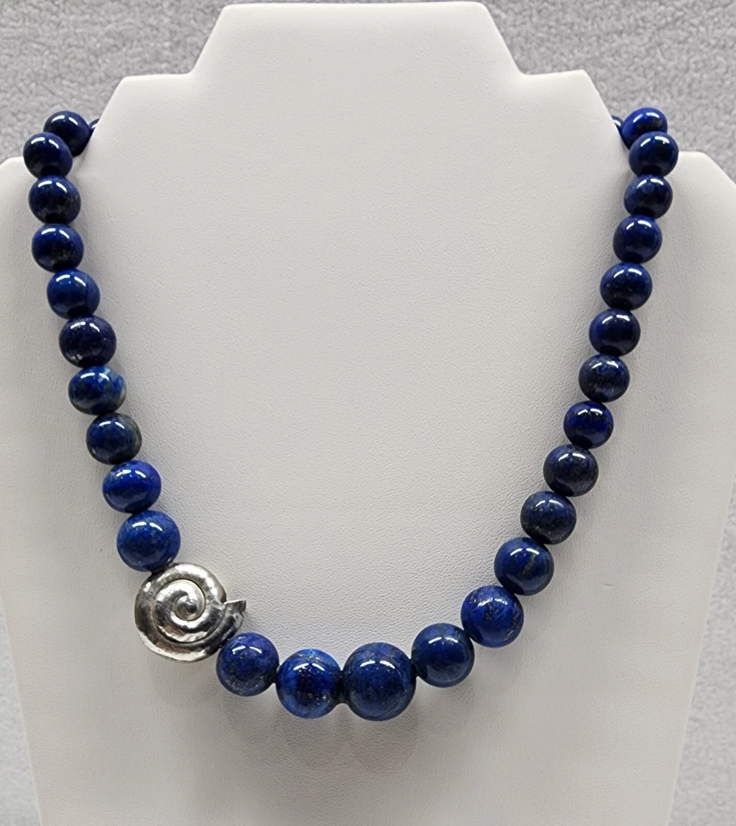 Tanja Curin Graduated Lapis Lazuli Beaded Necklace .925 Shell Accent Clasp 18