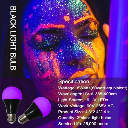 UV LED Black Light Bulbs 2 Pack, A19 E26 8W Blacklight Bulb for Glow in The Dark - Picture 7 of 7