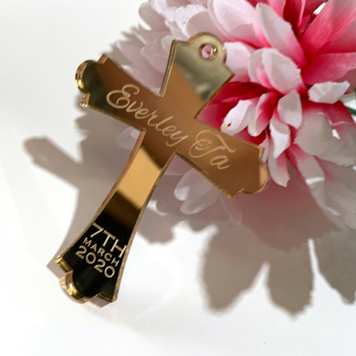 CHRISTENING BAPTISM MIRROR GOLD ACRYLIC CROSS PERSONALISED BABY GIFT FAVOUR - Picture 3 of 4