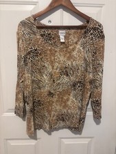 Chico  s Blouse Women  s XL Animal Print Knit Top Asymmetrical Neck 3/4 Sleeve 3