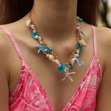 Bohemian Faux Pearl Blue Shell Beach Themed Pendant Necklace Starfish Seahorse