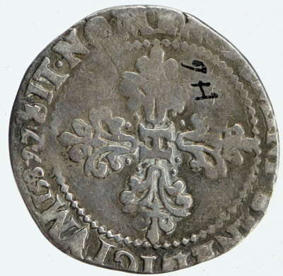 1587 FRANCE King HENRY III FLEUR DE LIS Old Silver 1/2 Franc